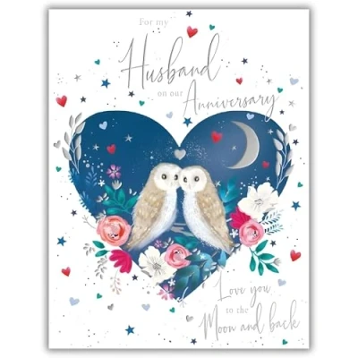Image of Noel Tatt Husband Anniversary Card Owls in Love Hear with an Embossed Foil Finish Eco Friendly and Recyclable