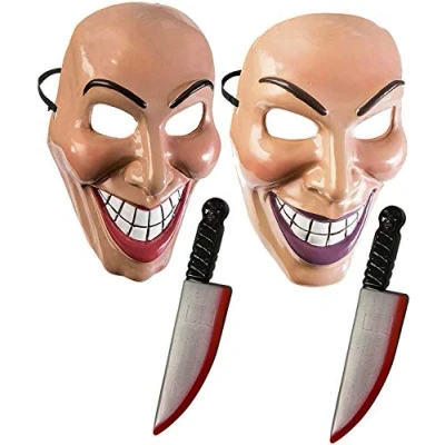 Image of RARA® Adult Couple Halloween Purge Smile Mask &amp; Blooded Knive Fancy Dress Costume