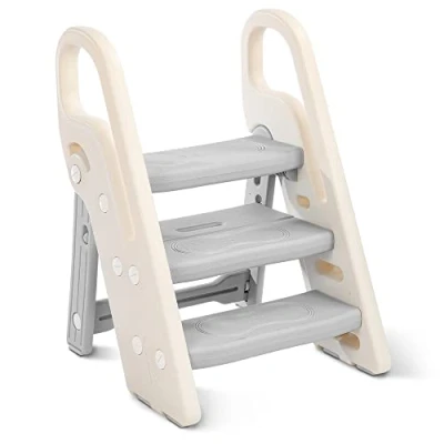 Image of Onasti Foldable Step Stool for Kids, 2 Steps 3 Height Adjustable Toddler Stool, Toilet Potty Training, Learning Tower with Handle Bathroom, Bedroom, Kitchen (Grey)