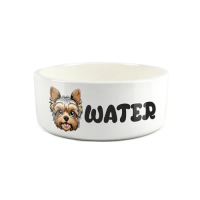 Image of Yorkshire Terrier Pet Bowl Cartoon Yorkie Dog Portrait Large Ceramic Water Novelty White Dish For Dogs