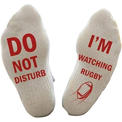 Image of SoulQ Letter Printed Novelty Funny Sayings Knitted Crew Socks DO NOT DISTURB,I&#039;M WATCHING RUGBY (White)