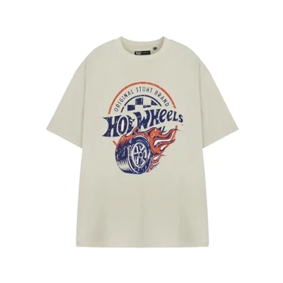 Image of Hot Wheels Mens Short Sleeve T Shirt Original Stunt Graphic Tee in Oatmeal Vintage Logo Apparel Retro Racing Theme Top for Men Beige