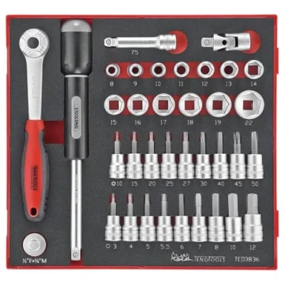 Image of Teng Tools 36 Piece 3/8 Inch Drive 6 Point Metric Regular/Shallow &amp; Bit Foam Socket Set TED3836, Silver
