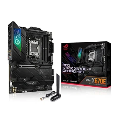 Image of ASUS ROG Strix X670E F Gaming WiFi AMD Ryzen AM5 ATX motherboard, 16 + 2 power stages, DDR5 support, four M.2 slots with heatsinks, USB 3.2 Gen 2x2, PCIe 5.0, 6E, AI Cooling II, and Aura Sync
