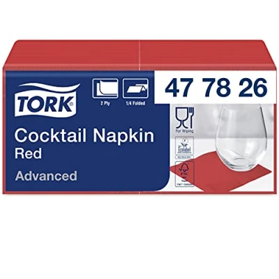 Image of Tork 477826 Red Cocktail Napkin / 2 Ply Advanced, Unprinted Serviette in 12 x 200 Sheets (WxL: 11.9cm 12cm)