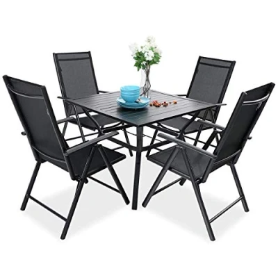 Image of PHIVILLA 4 Seater Garden Dining Table and Chairs Set Patio Furniture Metal Aluminum Recliner Chair Black (Black)