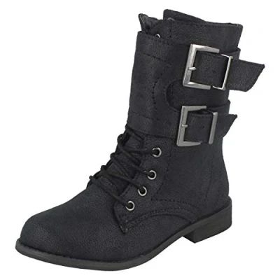 Image of Spot On Low Heel Lace Up Boot / 2 Buckle Straps (Black, Size Child UK)
