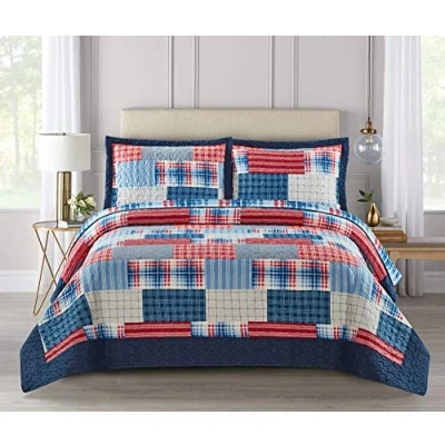 Image of Householdfurnishing 3 Piece Printed Patchwork Bedspread Quilted Bed Throw Comforter with Pillow Shams (Check Denim Red, Super King)