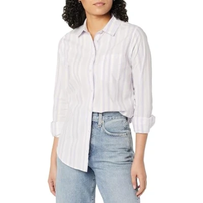 Image of Amazon Essentials Women&#039;s Classic Fit Long Sleeve Button Down Poplin Shirt, Lilac White Variegated Stripes, XXL