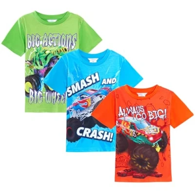 Image of Hot Wheels Boys Monster Trucks T Shirts (Pack of 3) 9 10 Years Multi