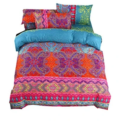 Image of Duvet Cover Set 4 Pcs/Sets King Bohemian Indian Exotic Ethnic Style Microfiber Bedding Include Fitted Sheet and Pillow Case (Red Green, 220x240cm)