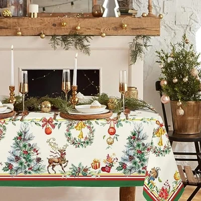 Image of Rectangle Christmas Tablecloth 60 x 84in,Christmas Tree Elk Holiday Decoration Table Cloth,Polyester Waterproof and Wrinkle resistant Durable for Kitchen,Winter Home Decor