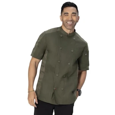 Image of Chef Works mens Mojave Short Sleeve Coat, Olive, XL