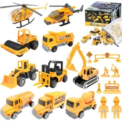 Image of TOYABI Construction Toys, Digger Cake Topper, 18Pcs Toy Vehicles Set with Dumper/Plane/Roadblock etc, Diecast Alloy Cars for 3+ Year Olds Boys &amp; Girls