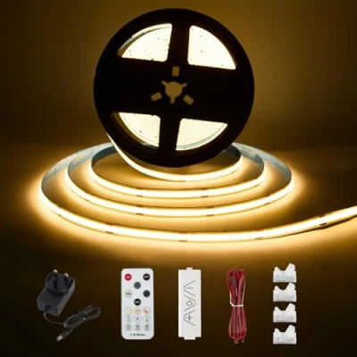 Image of Enteenly COB LED Strip Warm White 3 Meters, Under Cabinet Light Kit with RF Remote Control for Display Case, Kitchen, Desk, Shelf, Cupboard, 24V Adapter, 2700K