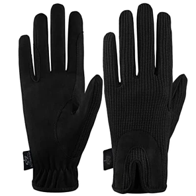 Image of All Day Horse Riding Gloves Ladies Dublin Track Fabric Leather Equestrian (Black, M)