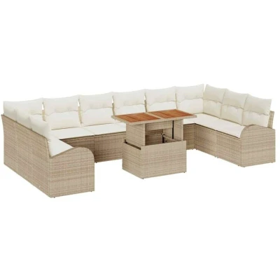Image of vidaXL 11 Piece Garden Dining Set with Cushions Beige Poly Rattan Acacia