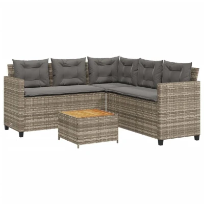 Image of vidaXL L Shaped Poly Rattan Garden Sofa Set Grey with Acacia Wood Table, Thick Cushions, and Weather Resistant Build for Patio, Terrace