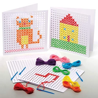 Image of Baker Ross AX682 Cross Stitch Greeting Cards Pack of 6, Arts and Crafts for Kids to Sew, Thread Decorate Cards,White