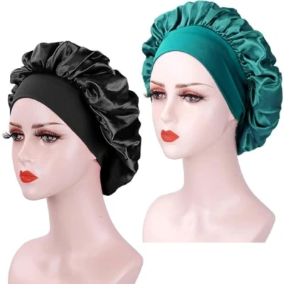 Image of 2PCS Hair Bonnets for Sleeping, Elastic Wide Band Silk Bonnet Sleeping Cap Women, Satin Curly Sleep (Black+Teal)