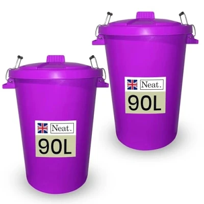 Image of Neat. 90L Bin Coloured Large Plastic Bins, Heavy Duty Kitchen with Metal Handle, Dustbin Lid For Easy Refusal Garden Indoor Outdoor Rubbish Waste or Storage of Animal Feed, Purple 2Pack