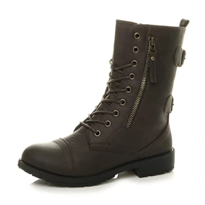 Image of Ajvani Womens Ladies Flat Low Heel lace up Zip Combat Military Ankle Boots, Brown Matte, 4 UK