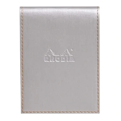 Image of RHODIA 128101C Clipboard Case + Stapled Notepad N12 Silver 8.5x12 cm Small Squares 80 Detachable Sheets White Clairefontaine Paper 80G Pencil Holder Faux Leather Rhodiarama