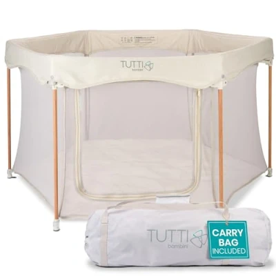 Image of Tutti Bambini Baby Playpen Foldable for &amp; Toddlers with Breathable Mesh Walls, Padded Frame, Zip Door Fitted Mat, Play Pen Travel Bag (135 cm x 135 75 cm), Ecru
