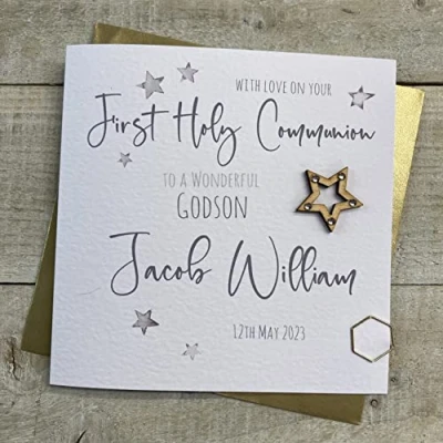 Image of WHITE COTTON CARDS PERSONALISED FIRST 1ST HOLY COMMUNION CARD. GODSON. ANY RELATION. SILVER WOODEN STAR DESIGN. Handmade (P22 67 GODS &amp; XP22 GODS)