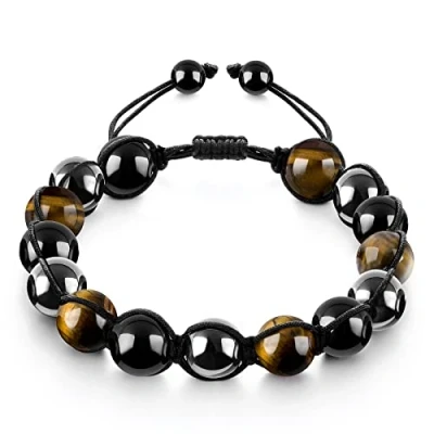 Image of Emibele Triple Protection Bracelet, Tiger Eye Black Obsidian and Hematite 10mm Beads Handmade Natural Stone Bracelets, Healing Crystal Bracelet for Men Women Brings Luck Prosperity Happiness