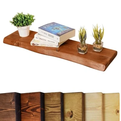 Image of Waney/Live Edge Chunky Rustic Floating Shelf 9x2, Teak, 40cm