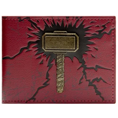 Image of Endgame Thor 3D Bronze Mjolnir Hammer Red ID and Card Bi Fold Wallet, One Size