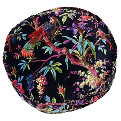 Image of Riva Paoletti Paradise Round Cushion Cover, Colourful Bird Print, Faux Velvet Fabric Blanket Stitched Edges, 100% Cotton, Black, 50 X 12cm (20&quot; 20&quot; 5&quot; Inches), Designed In The UK