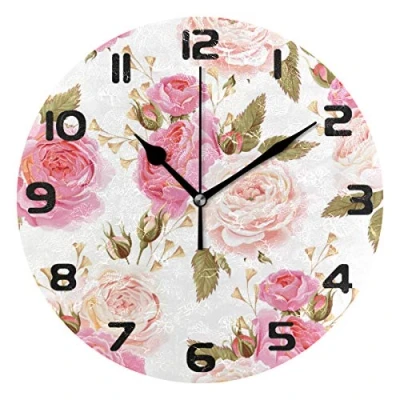 Image of Hunihuni Wall Clock Floral Flower Rose Pattern Silent Non ticking for Bedroom Living Room Home Office Decor
