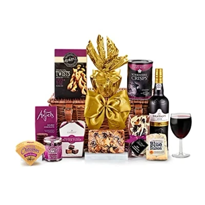 Image of Classic Cheese and Wine Hamper Cambridge Gift Set with Port Stilton Blue Stilton, Oatcakes, Ruby Port, Plum Chutney Gifts for Men Women, from Regency Hampers