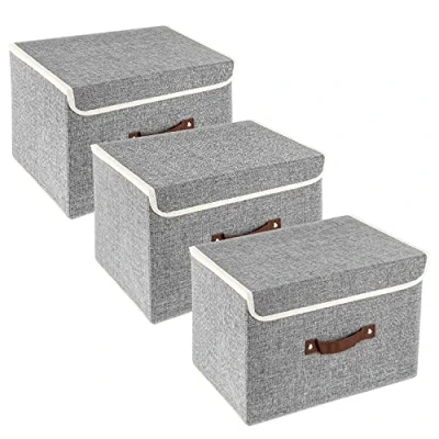 Image of TYEERS Collapsible Storage Box with Lid, Fabric for Clothes, Wardrobe Storage, 38x25x25 cm, Set of 3, Grey