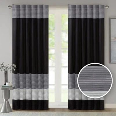 Image of Madison Park Faux Silk Rod Pocket Curtain with Privacy Lining for Living Room, Window Drapes Bedroom and Dorm, 100% Polyester, Black, 50x84