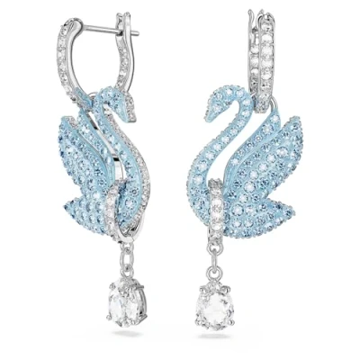 Image of Swarovski Iconic Swan Drop Earrings, White and Blue Crystals in a Rhodium Plated setting, from the Collection