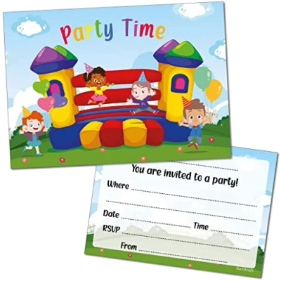 Image of 12 x Bouncy Castle Birthday Party Invitations with Blue Envelopes