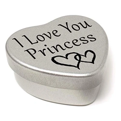 Image of Perfect Way to say I Love You. Beautiful Mini Silver Heart Tin with Sweets, Present Size 45mm x x20mm. (I You Princess)