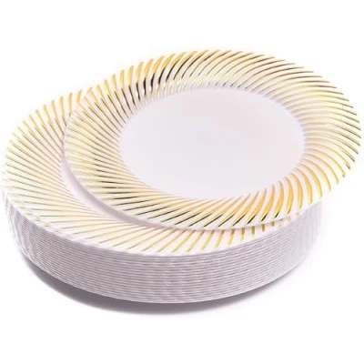 Image of MATANA 60 Premium White Plastic Dessert Plates with Gold Rim, 18cm / 7 Inch Elegant &amp; Reusable Small Side Plates, Starter for Weddings, Birthdays, Picnic, BBQ, Parties