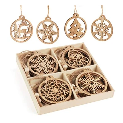Image of Anstore 12 Pcs Christmas Wood Ornaments Round Wooden slices Cutout, Snowflake Tree Snowman Shape Hanging for Embellishments, DIY Crafts…