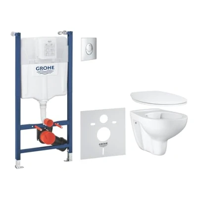 Image of GROHE Solido Bau Ceramic 5 in 1 Bundle (Wall Hung Rimless Toilet with Soft Close Seat, Flush Plate Chrome, Frame, Sound Insulation Set, 2 Wall Brackets Fixing Material), 39888000