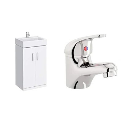 Image of VeeBath Linx High Gloss White 450mm Compact Cloakroom Vanity Unit with Egham Designer Chrome Mixer Sink Basin Tap