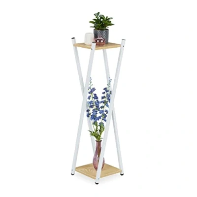 Image of Relaxdays Plant Stand, 2 Tiers in Wooden Look, Modern Pot Holder, 99 X 29 cm, Black Metal Frame form, Brown, Steel