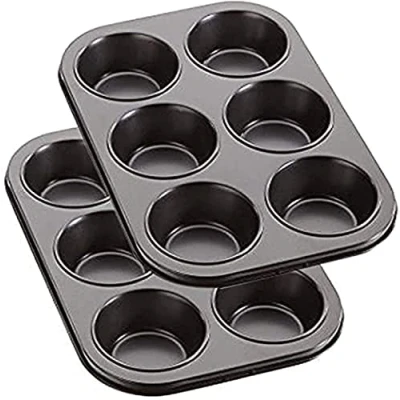 Image of New Brand 2 Pack Deep Sturdy Muffin Fairy Cake 6 Cup Non Stick Baking Tray Tin for Yorkshire Pudding Pies, Cupcakes, and Brownies, Carbon Steel