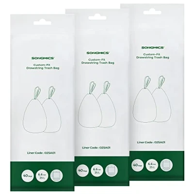 Image of SONGMICS Heavy Duty Bin Bags, Drawstring Rubbish Bags for 6.6 Gallon (25L) Kitchen Bins, Pre Separated, Liner Code 025A01, 3 Rolls, 120 Pieces, White KRB025A03