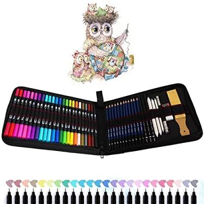Image of TVGO Fineliner Pens, 24 Dual Tip Brush 12 Sketching Pencils and Drawing Art Set Attached Painting Book for Children Adults Colouring, Sketching,