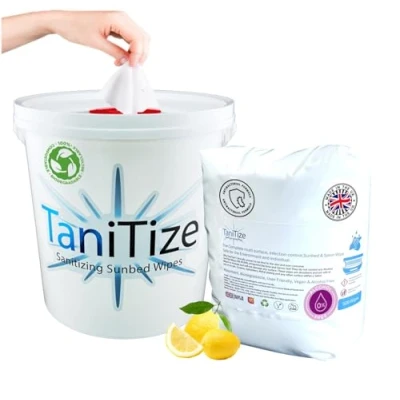 Image of TaniTize Sunbed Cleaner Wipes, Antibacterial Surface &amp; Salon Cleaning Kills: 99.99% of Germs Harmful Bacteria. 500 Wipe Bucket + Refill Roll