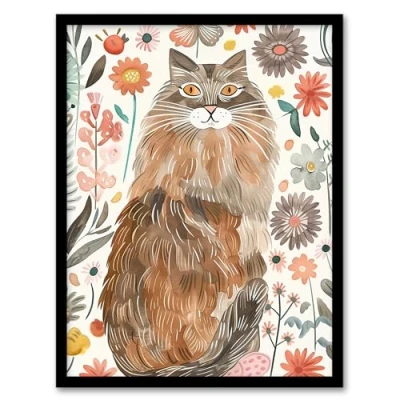 Image of Artery8 Cat Lover Maine Coon Folk Art Floral Watercolour Living Room Artwork Framed Wall Print 18X24 Inch